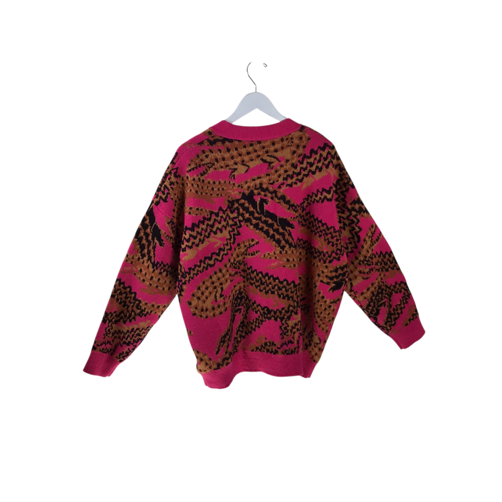 FARM RIO PRINT LONG SLEEVE DESIGNER CARDIGAN PINK TAN MEDIUM