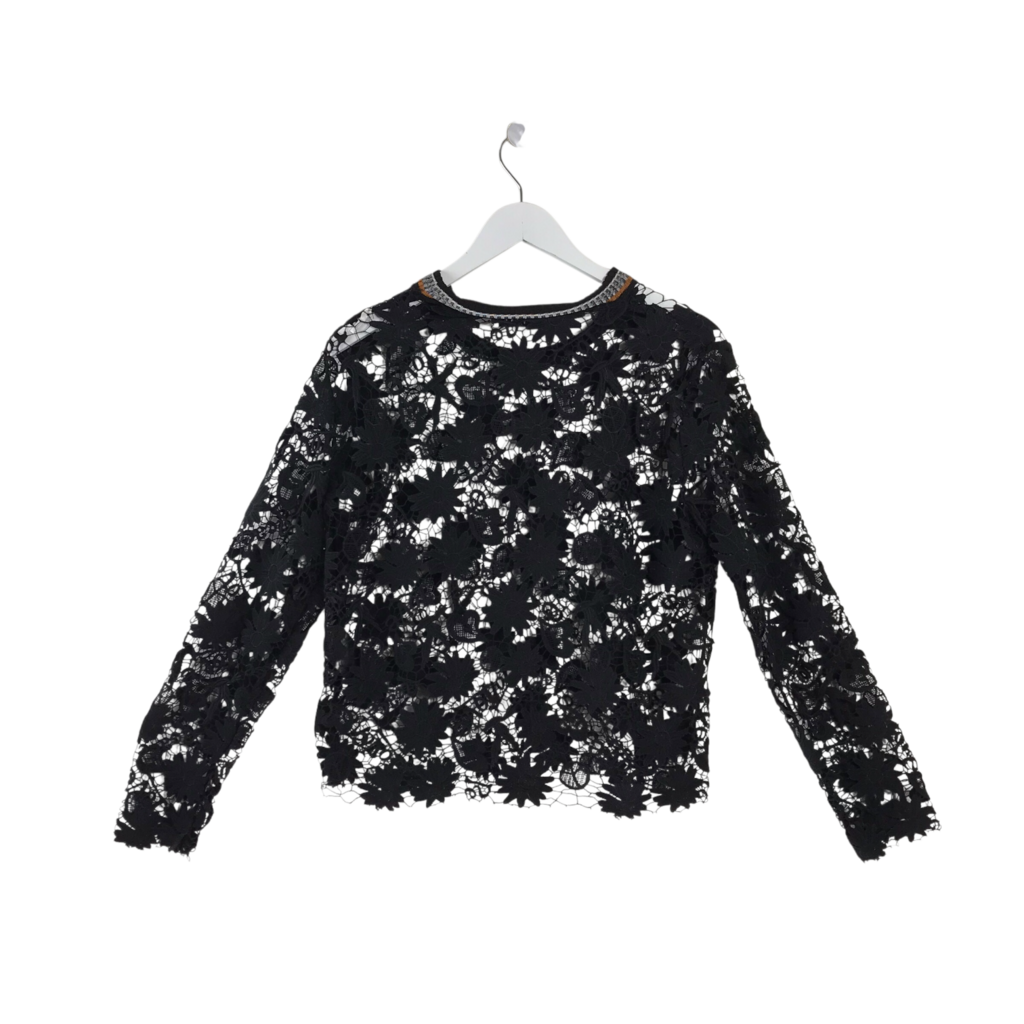 SANDRO LACE LONG SLEEVE DESIGNER TOP BLACK MEDIUM