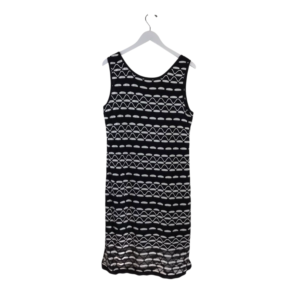 ST JOHN KNIT PRINT SLEEVELESS DESIGNER DRESS WHITE BLACK 10
