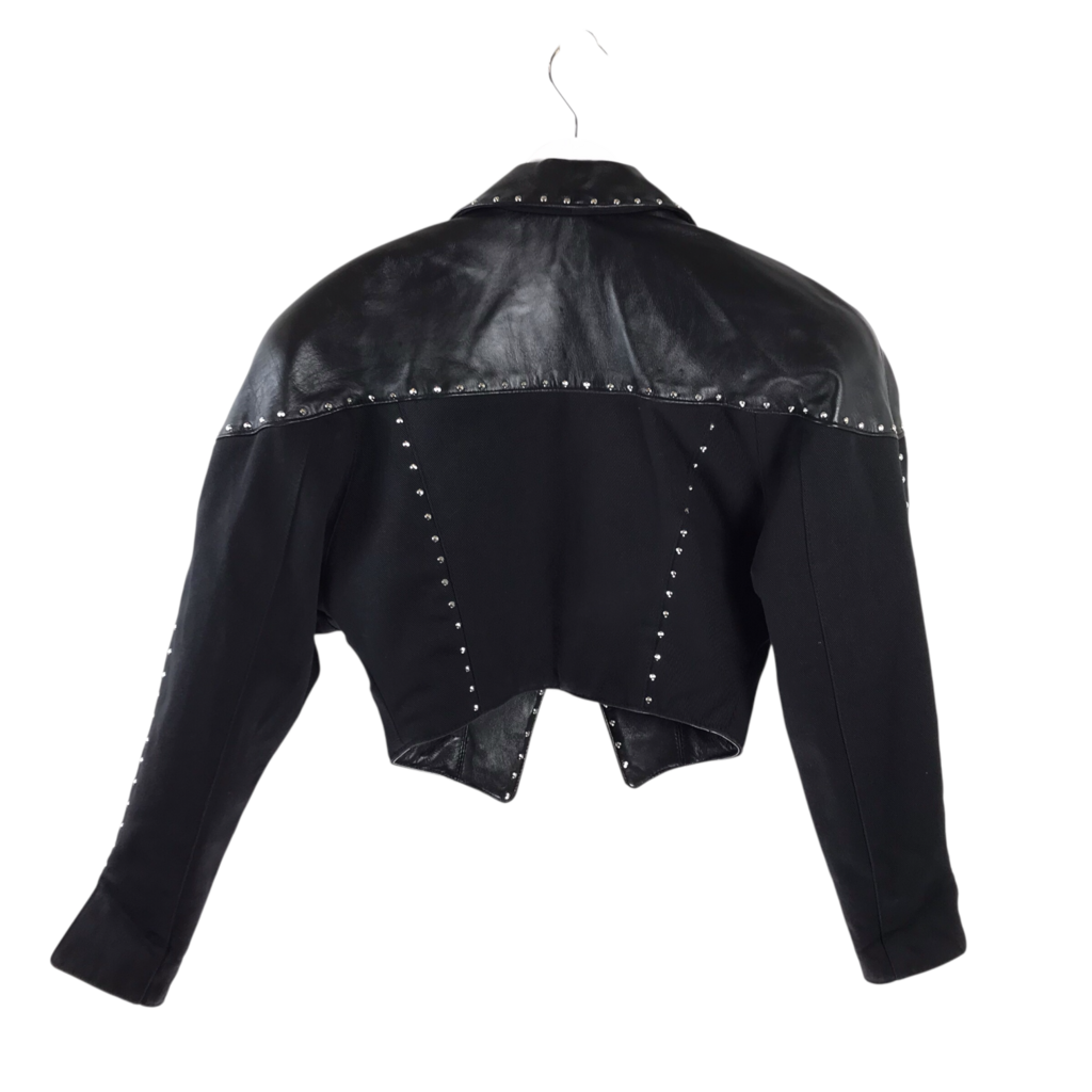 DENIM LEATHER TRIM STUDS DESIGNER JACKET BLACK SMALL