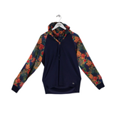 JOHNNY WAS PRINT LONG SLEEVE HOOD DESIGNER TOP NAVY MUSTARD LARGE