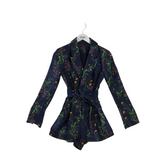 MARISSA WEBB FLORAL LONG SLEEVE LINEN DESIGNER ROMPER NAVY GREEN SMALL