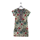 FLORAL BEADED SHORT SLEEVE DESIGNER DRESS CREME PINK GREEN SMALL