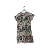 FLORAL BEADED SHORT SLEEVE DESIGNER DRESS CREME PINK GREEN SMALL