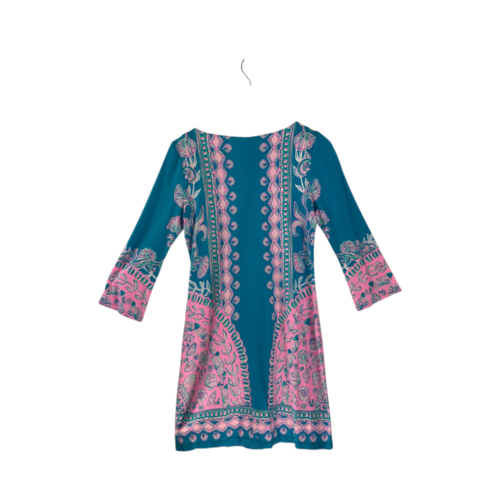 LILLY PULITZER NWT$148 PRINT KNIT 3/4 SLEEVE DESIGNER DRESS TEAL PINK SMALL