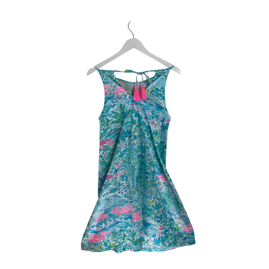 LILLY PULITZER NWT$108 HALTER KNIT FLORAL DESIGNER DRESS TEAL PINK MEDIUM