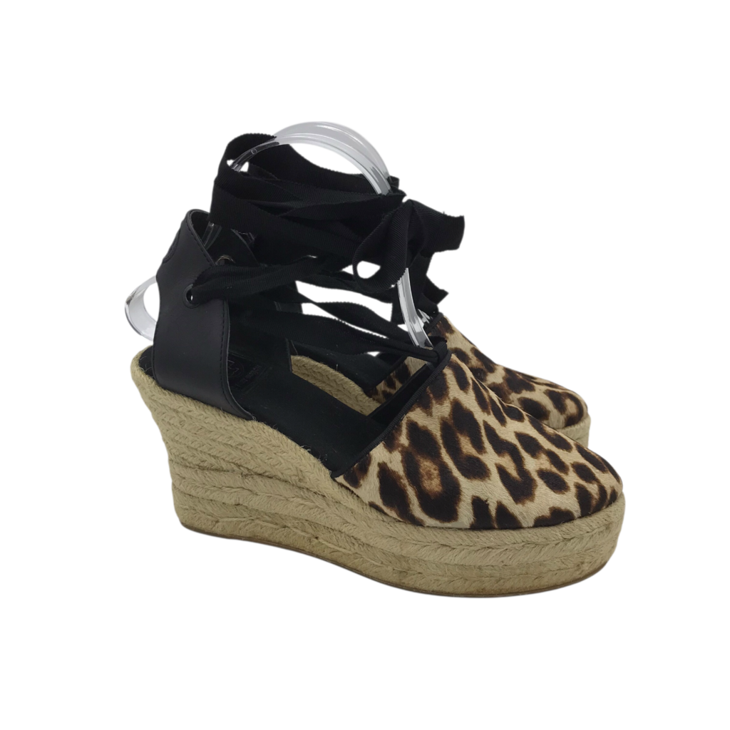 TORY BURCH ANIMAL PRINT ESPADRILLE WEDGE DESIGNER SHOES TAN BLACK 7.5M