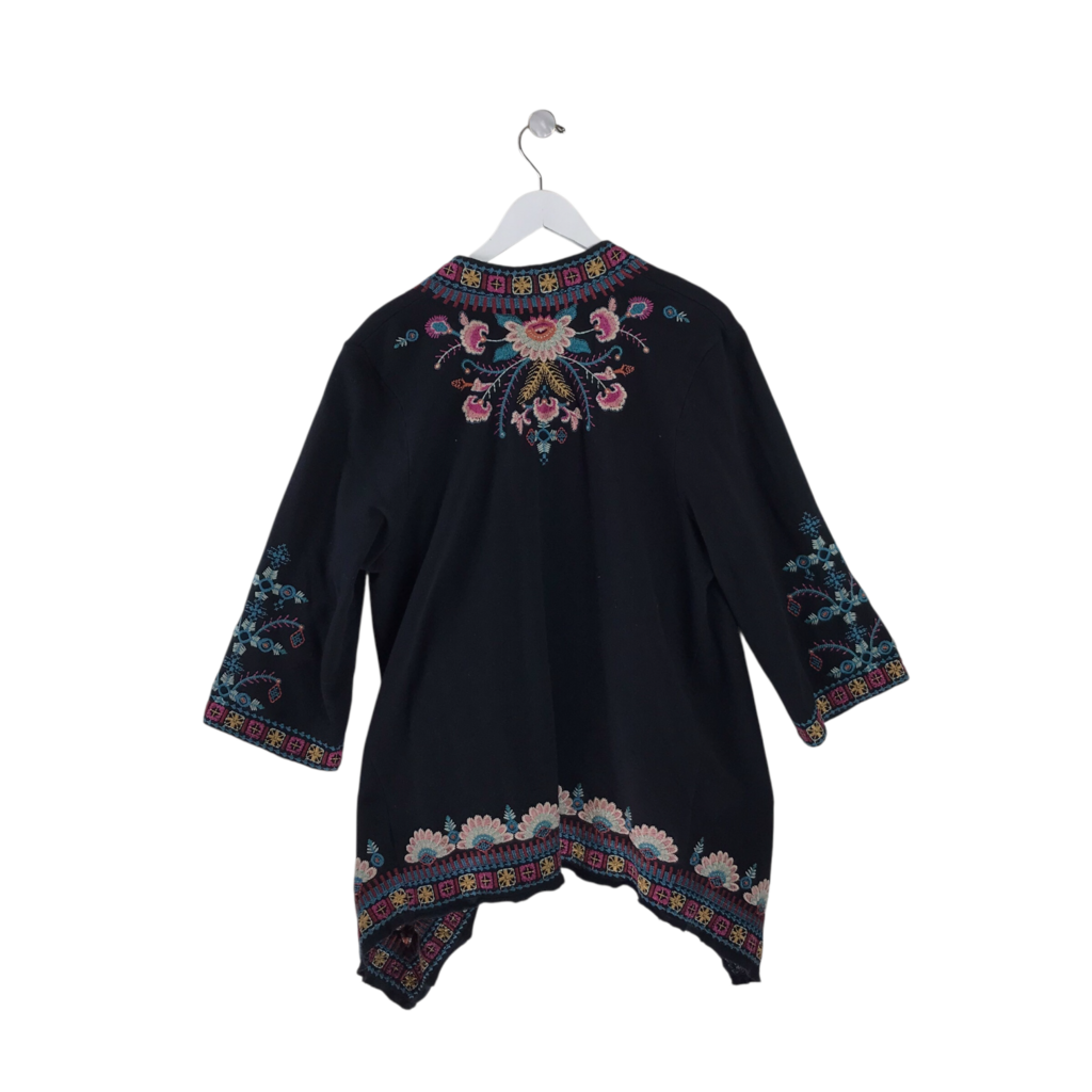 JOHNNY WAS EMBROIDERED 3/4 SLEEVE DESIGNER CARDIGAN BLACK BLUE XL