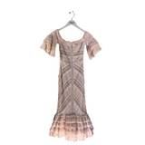 CINQ À SEPT RET$500 LACE RUFFLE OFF SHOULDER MIDI DESIGNER DRESS BLUSH 0