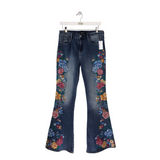 DRIFTWOOD EMBROIDERED FLARE DESIGNER JEANS BLUE YELLOW 28X34