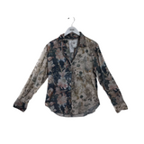 RET$130 PRINT LONG SLEEVE DESIGNER BLOUSE CREAM GREY MEDIUM