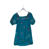 JOHNNY WAS LINEN EMBROIDERED PUFF SLEEVE DESIGNER DRESS TEAL MULTI SMALL