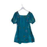 JOHNNY WAS LINEN EMBROIDERED PUFF SLEEVE DESIGNER DRESS TEAL MULTI SMALL
