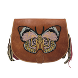 PATCH LEATHER MESSENGER HANDBAG BROWN PINK