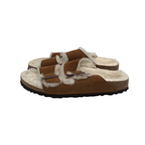 BIRKENSTOCK RET$165 SHERPA-LINED SUEDE SLIDE SHOES BROWN WHITE 8