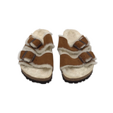 BIRKENSTOCK RET$165 SHERPA-LINED SUEDE SLIDE SHOES BROWN WHITE 8