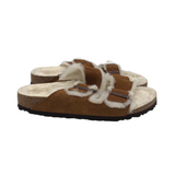 BIRKENSTOCK RET$165 SHERPA-LINED SUEDE SLIDE SHOES BROWN WHITE 8