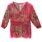 JOHNNY WAS EMBROIDERED 3/4 SLEEVE DESIGNER TOP RED YELLOW X SMALL