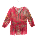 JOHNNY WAS EMBROIDERED 3/4 SLEEVE DESIGNER TOP RED YELLOW X SMALL