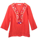 TRINA TURK EMBROIDERED 3/4 SLEEVE DESIGNER TOP ORANGE PINK MEDIUM