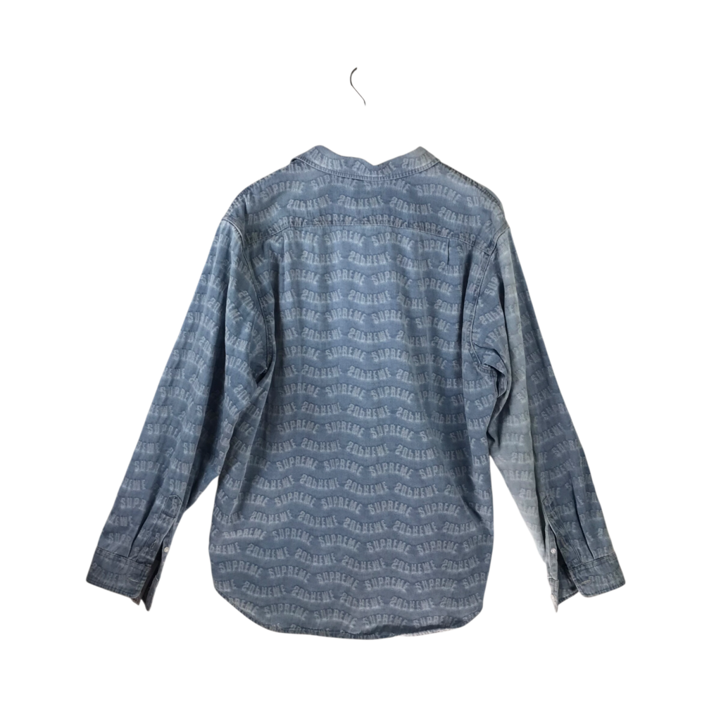 SUPREME DENIM LONG SLEEVE MEN SHIRT BLUE WHITE LARGE