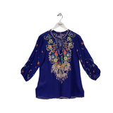 JOHNNY WAS EMBROIDERED LONG SLEEVE DESIGNER TOP BLUE GREEN SMALL