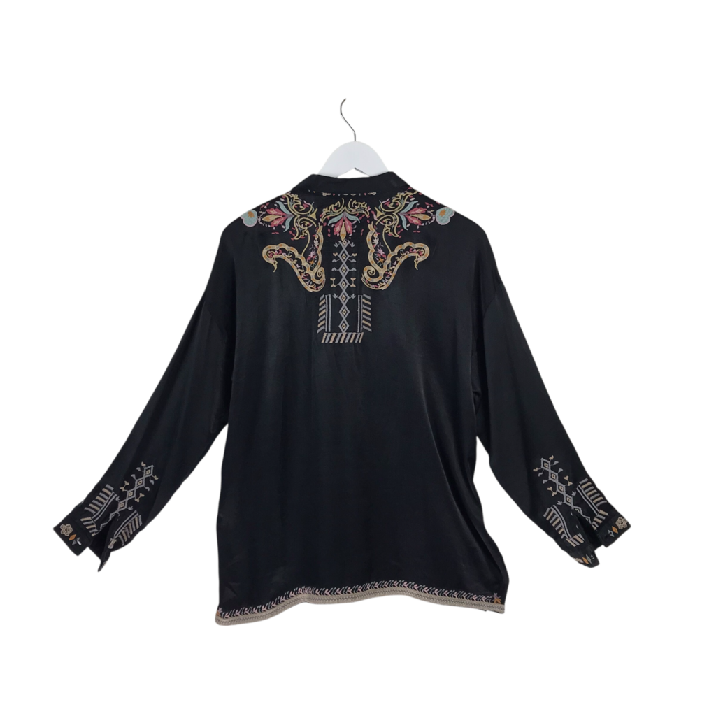 JOHNNY WAS EMBROIDERED LONG SLEEVE DESIGNER BLOUSE BLACK MULTI SMALL