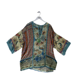 JOHNNY WAS FLORAL SILK TUNIC 3/4 SLEEVE DESIGNER TOP CREAM MULTI MEDIUM