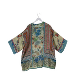 JOHNNY WAS FLORAL SILK TUNIC 3/4 SLEEVE DESIGNER TOP CREAM MULTI MEDIUM