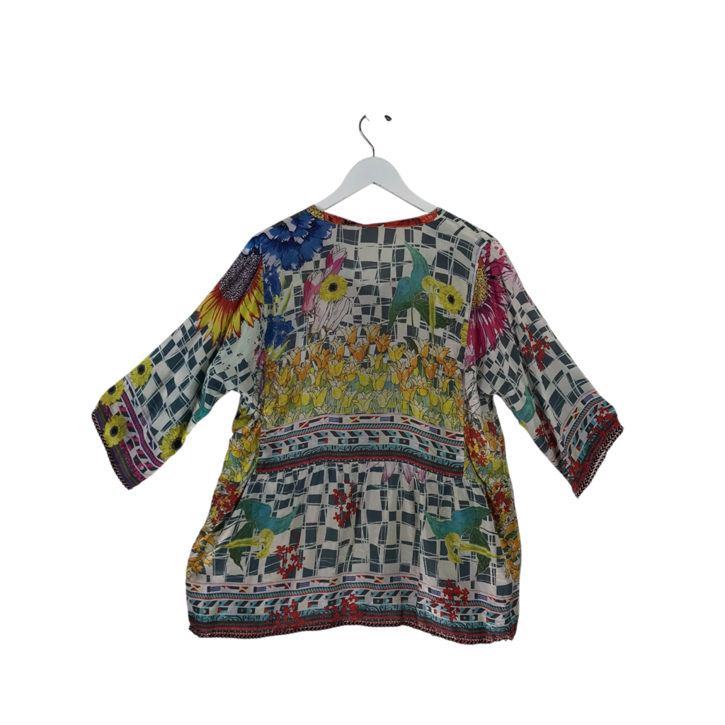 JOHNNY WAS PRINT 3/4 SLEEVE DESIGNER BLOUSE WHITE YELLOW MEDIUM