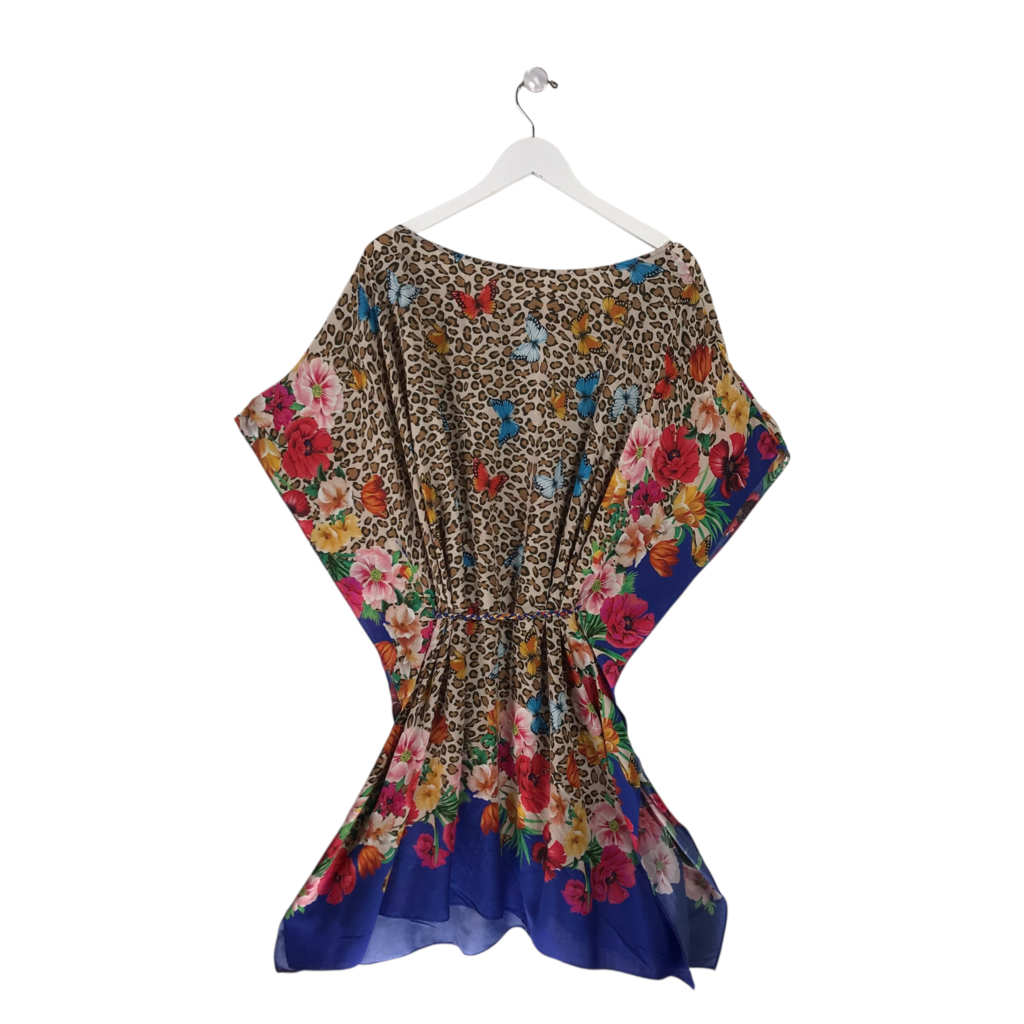 JOHNNY WAS BUTTERFLIES SHORT SLEEVE DESIGNER DRESS BROWN BLUE MEDIUM