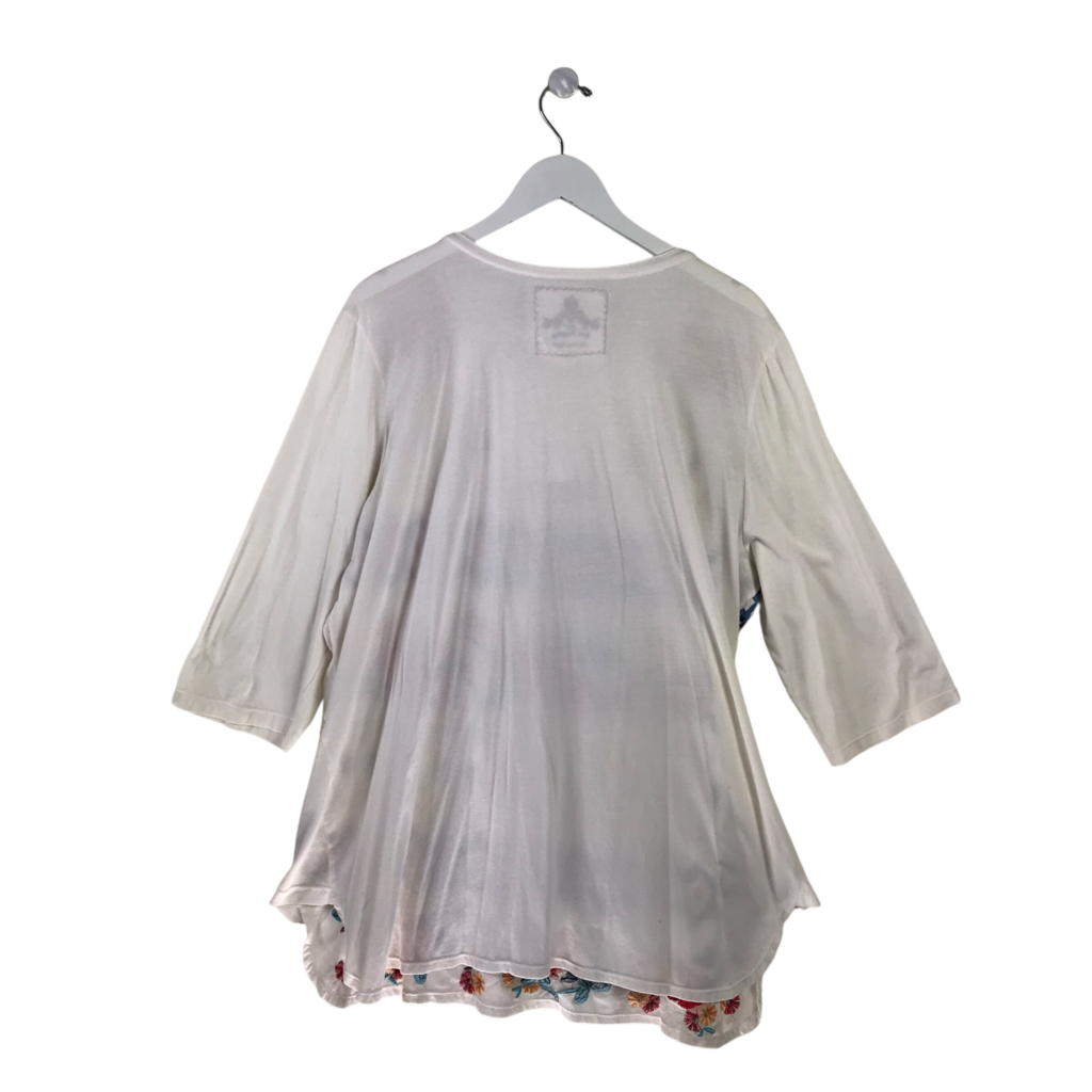 JOHNNY WAS EMBROIDERED 3/4 SLEEVE DESIGNER TOP WHITE MULTI 1X