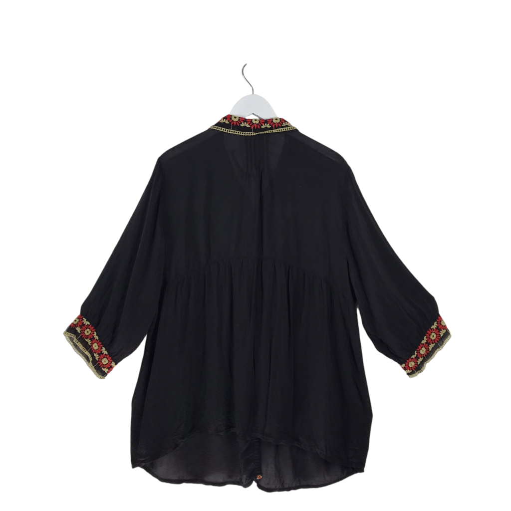 JOHNNY WAS EMBROIDERED LONG SLEEVE DESIGNER BLOUSE BLACK RED XXL