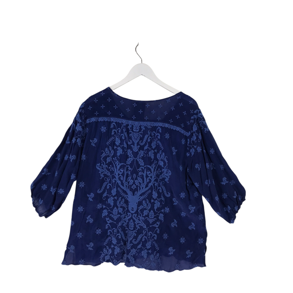 JOHNNY WAS EMBROIDERED 3/4 SLEEVE DESIGNER TOP BLUE XLARGE