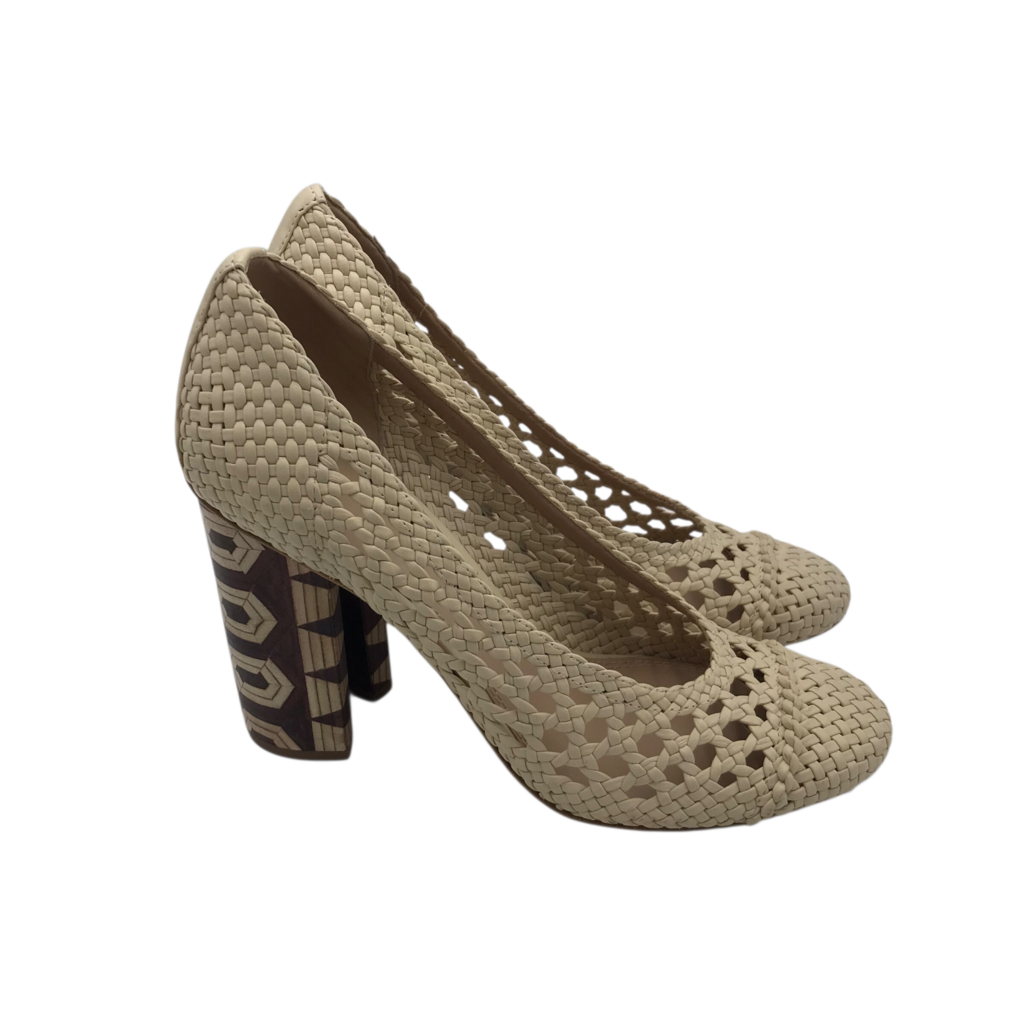 TORY BURCH WOVEN PUMP DESIGNER SHOES BEIGE BROWN 8.5M