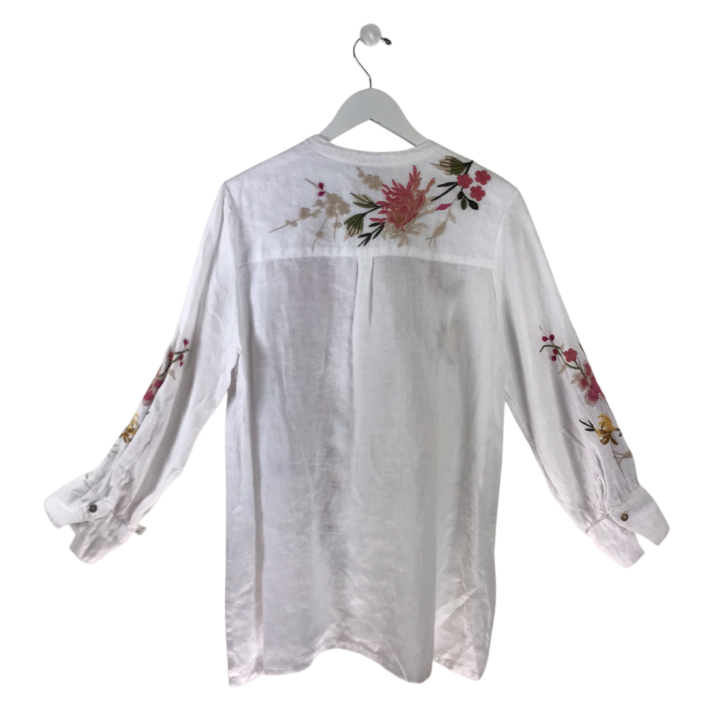 JOHNNY WAS 3/4 SLEEVE EMBROIDERED DESIGNER BLOUSE WHITE PINK MEDIUM
