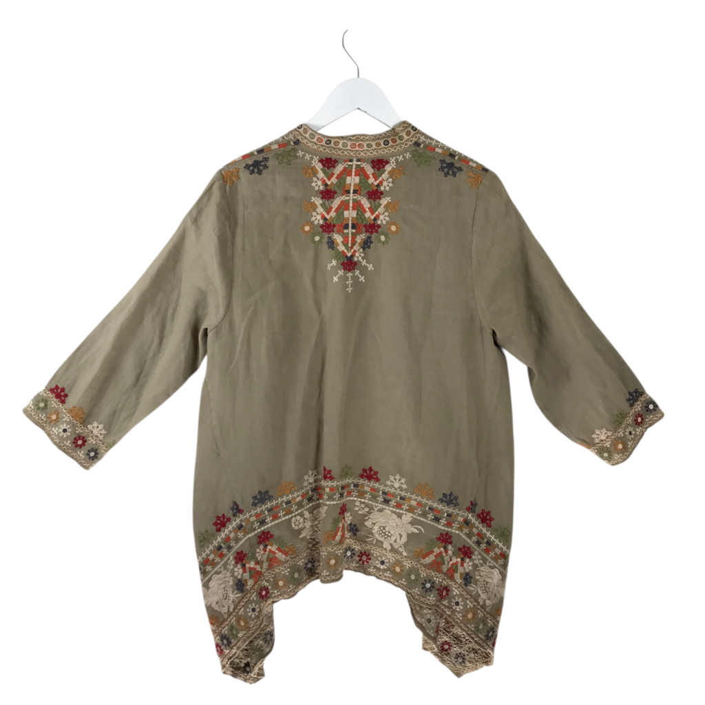 JOHNNY WAS LINEN EMBROIDERED DESIGNER KIMONO TAN RED MEDIUM