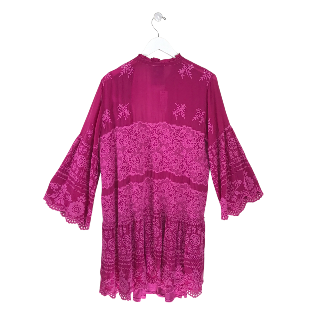 JOHNNY WAS RET$498 EMBROIDERED FLARE SLEEVE DESIGNER DRESS HOT PINK MEDIUM