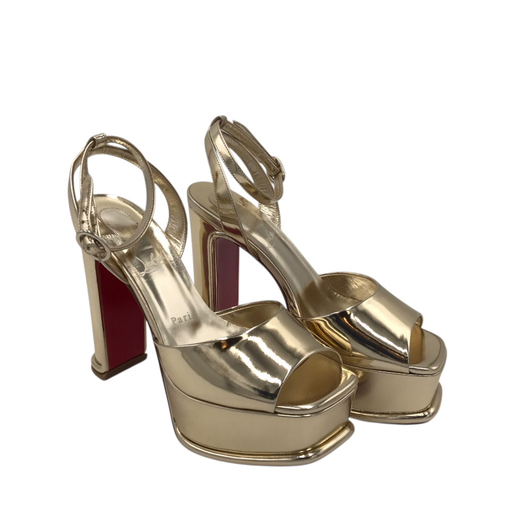 CHRISTIAN LOUBOUTIN RET $1295 "SANDALOO" 130 LUXE SHOES GOLD 37.5