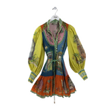 ALEMAIS RET$570 PUFF SLEEVE DESIGNER DRESS BLUE YELLOW 0