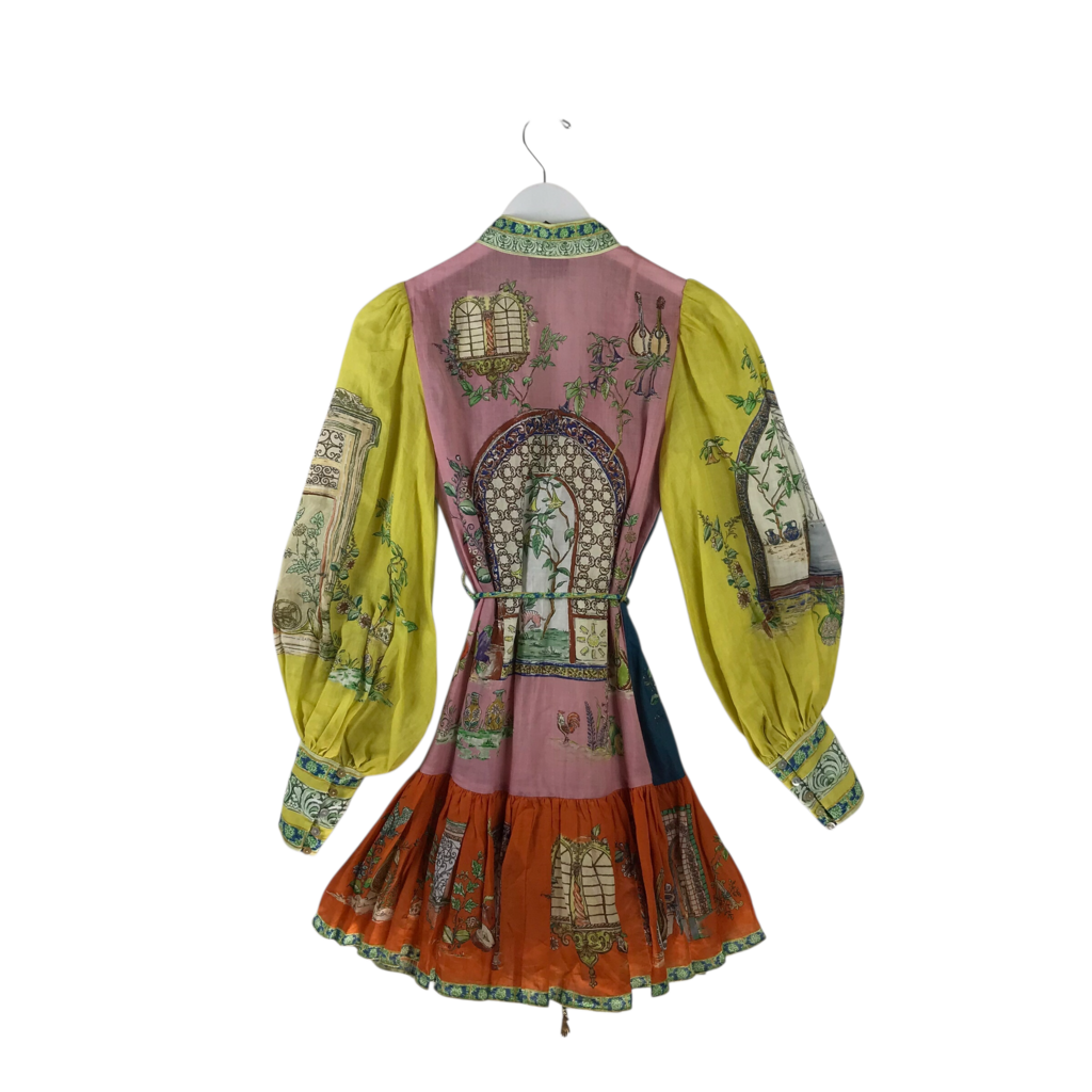 ALEMAIS RET$570 PUFF SLEEVE DESIGNER DRESS BLUE YELLOW 0