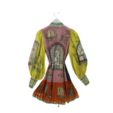 ALEMAIS RET$570 PUFF SLEEVE DESIGNER DRESS BLUE YELLOW 0