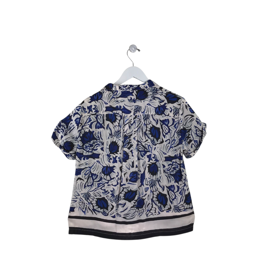 ANTHROPOLOGIE SHORT SLEEVE BLOUSE WHITE BLUE X SMALL