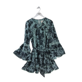 BHLDN RET$298 FLORAL BELL SLEEVE DESIGNER DRESS BLUE BLACK LARGE
