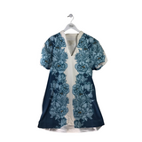 MESTIZA NEW YORK RET$395 FLORAL PUFF SLEEVE DESIGNER DRESS CREAM BLUE LARGE