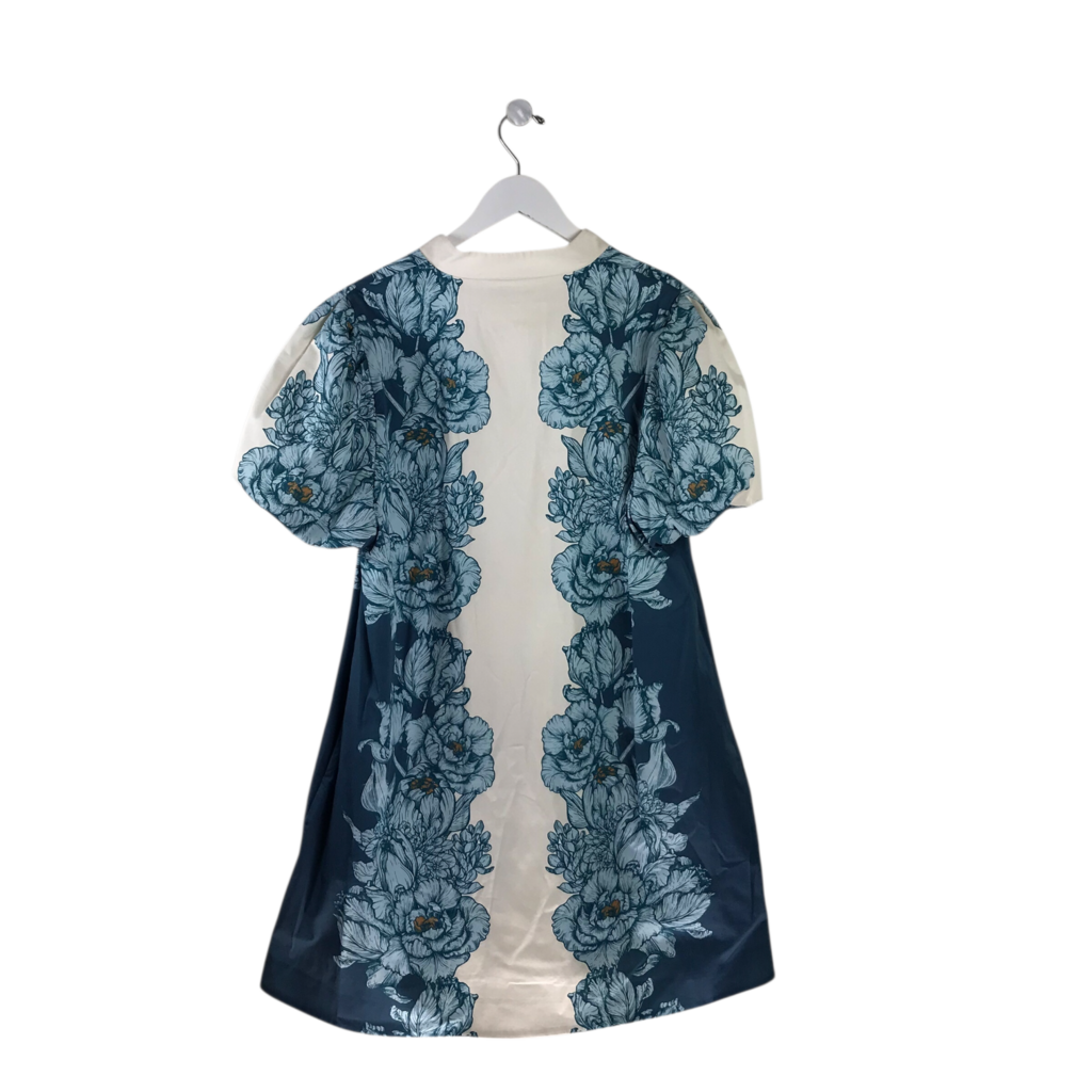 MESTIZA NEW YORK RET$395 FLORAL PUFF SLEEVE DESIGNER DRESS CREAM BLUE LARGE