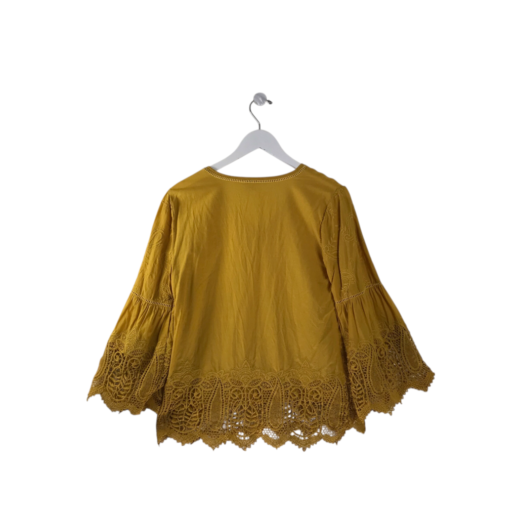 CHICO'S LACE TRIM LONG SLEEVE TOP MUSTARD 0