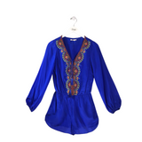 RET$393 SILK EMBELLISHED LONG SLEEVE DESIGNER ROMPER COBALT BROWN SMALL