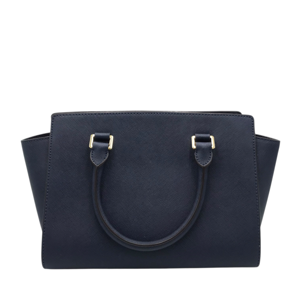 MICHAEL MICHAEL KORS "SELMA" SAFFINO LEATHER SATCHEL HANDBAG NAVY GOLD