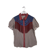 DOUBLE D RANCH FRINGE SHORT SLEEVE DESIGNER BLOUSE BLUE RED LARGE